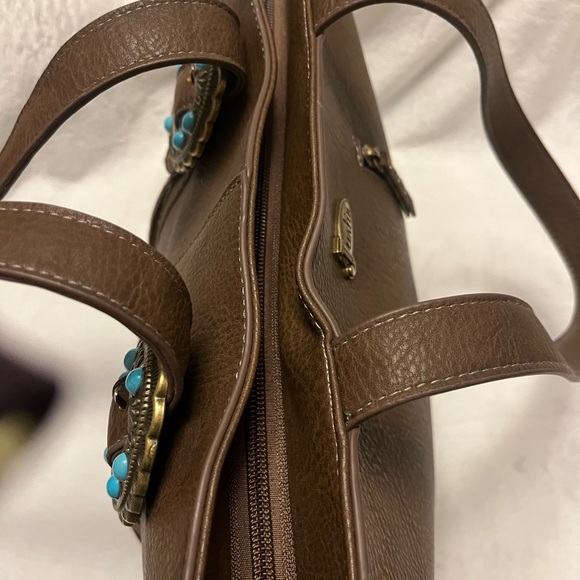 Justin Boots Brown Vegan Leather Tote with Turquoise Conchos - Picture 8 of 11